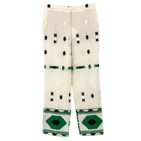 NWT Zara White Green Geometric Flat Front Embroidered Lined Trouser Pants Medium - Picture 2 of 11